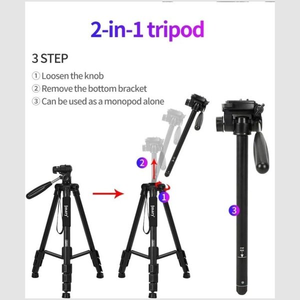 Jmary KP-2254 2-In-1 Aluminum Tripod for All DSLR Cameras - Image 3